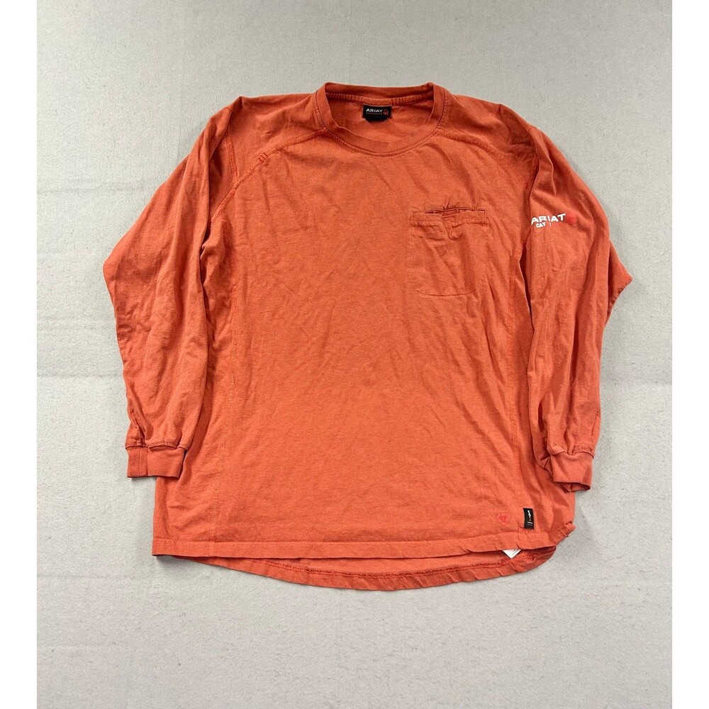 ARIAT FR Size XL Mens Orange Pocket Crew Neck Long Sleeve Athletic Shirt